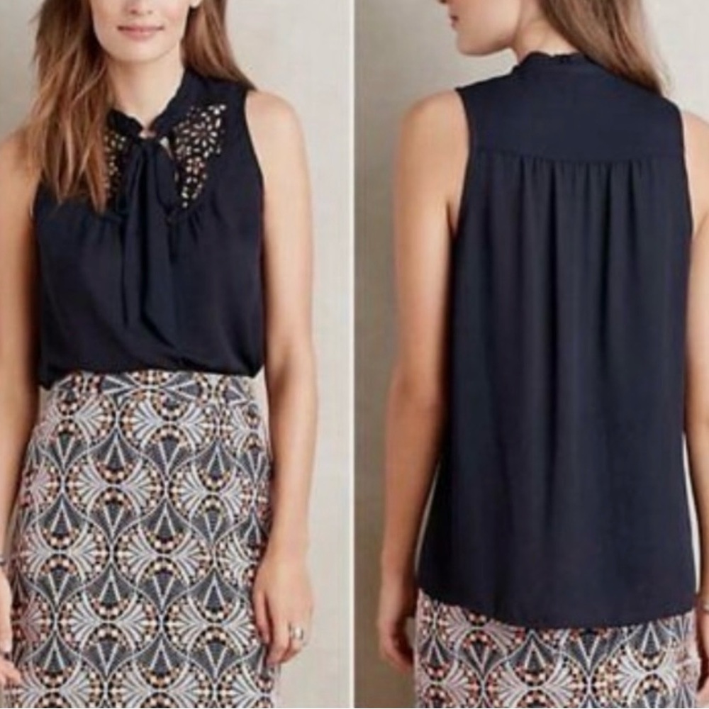 Anthropologie Maeve Luca Navy Laser Cut Tie Neck Blouse Size 8